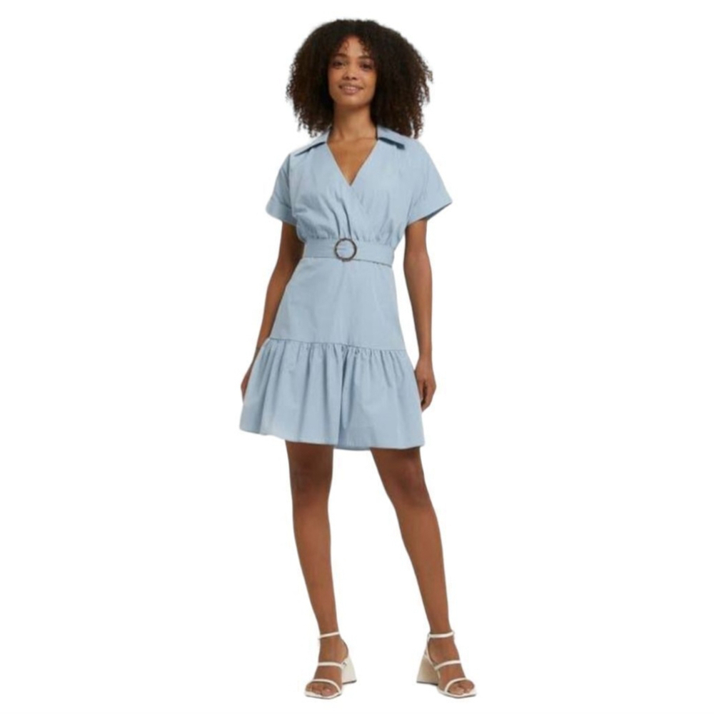 Belt Tie Ruffled Heritage Poplin Summer Wrap Dress US Sz 4 Blue Lightweight NWOT